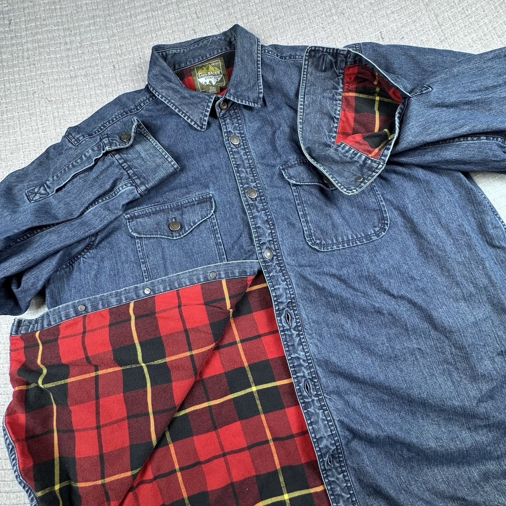 Eddie Bauer Denim Button Shacket Men‎ XXL Flannel Lined Blue Shirt Workwear
